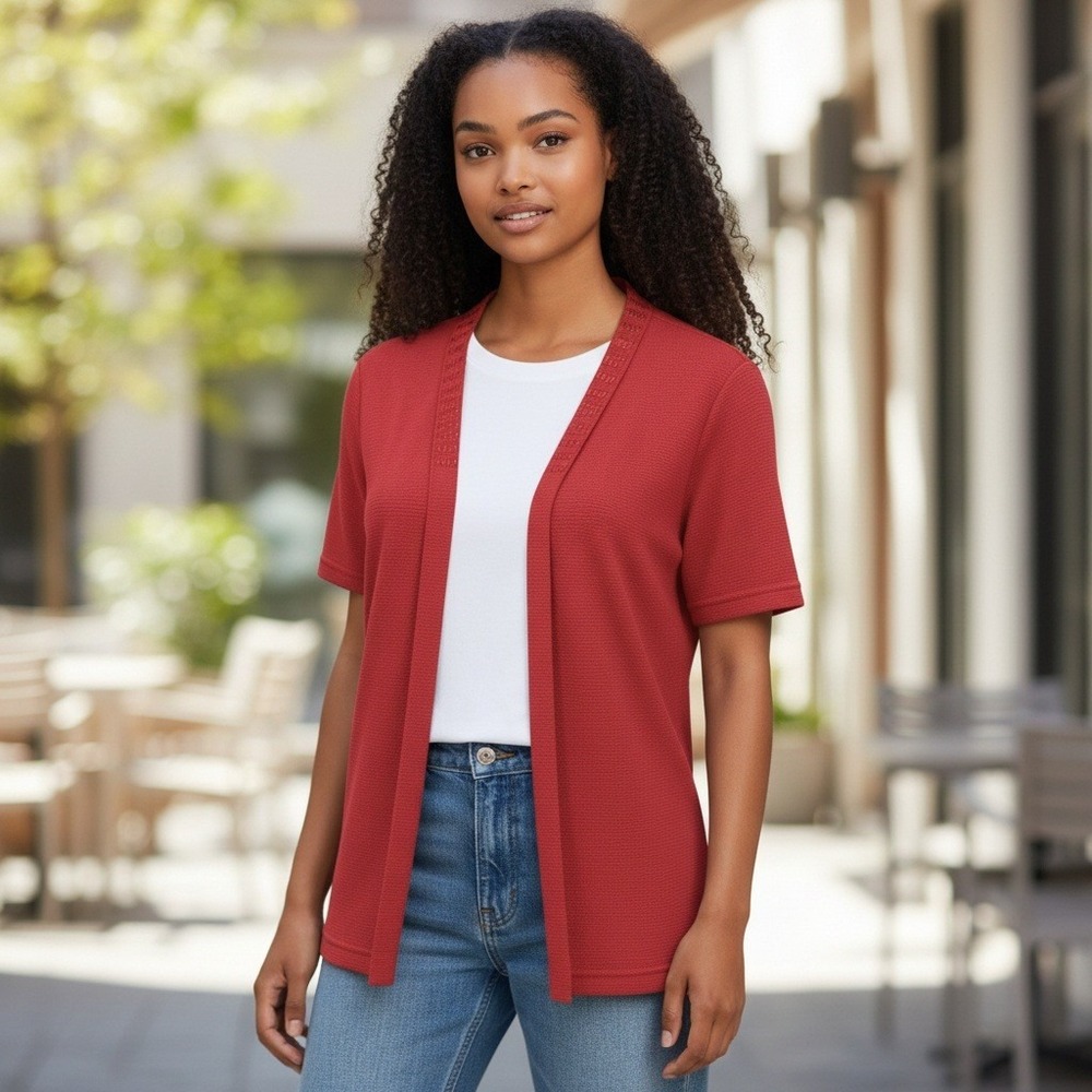 JONES NEW YORK COLLECTION PETITE Red Textured‎ Short Sleeve Cardigan Sweater